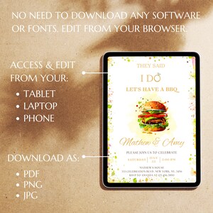 May include: Editable digital invitation for a wedding reception with a watercolor background and a cartoon burger. The text reads "They said I do. Let's have a BBQ. Mathew & Amy. Please join us to celebrate Saturday, July 22, 2:00 PM. Mathew's House, 333 Celebration Blvd, New York, NY, 3456. RSVP to Amanda at 123.456.7890."