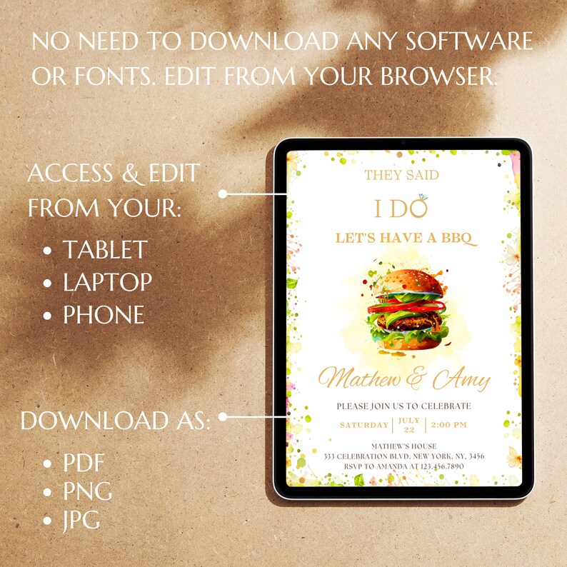 May include: Editable digital invitation for a wedding reception with a watercolor background and a cartoon burger. The text reads "They said I do. Let's have a BBQ. Mathew & Amy. Please join us to celebrate Saturday, July 22, 2:00 PM. Mathew's House, 333 Celebration Blvd, New York, NY, 3456. RSVP to Amanda at 123.456.7890."