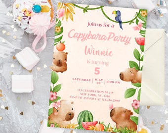 Capybara Birthday Invitation Editable Capybara Party Invite Capybara Invitation Girl Birthday Invitation Capy Birthday Download 02