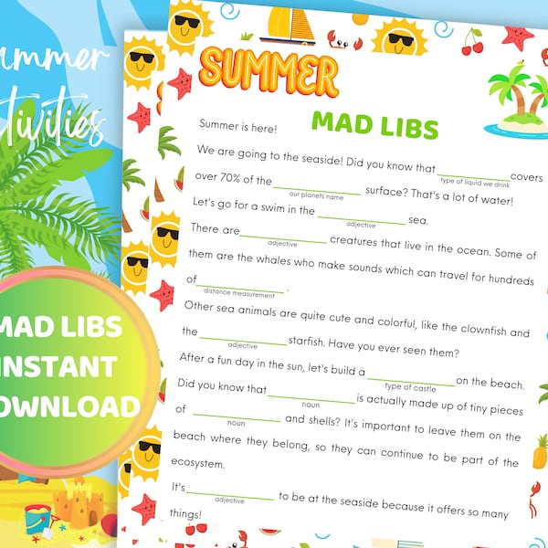 Summer Mad Libs Game Kids Summer Activities Kids Mad Libs Summer Game Summer Vacation Games Travel Activity Kids Summer Party Games Picnic