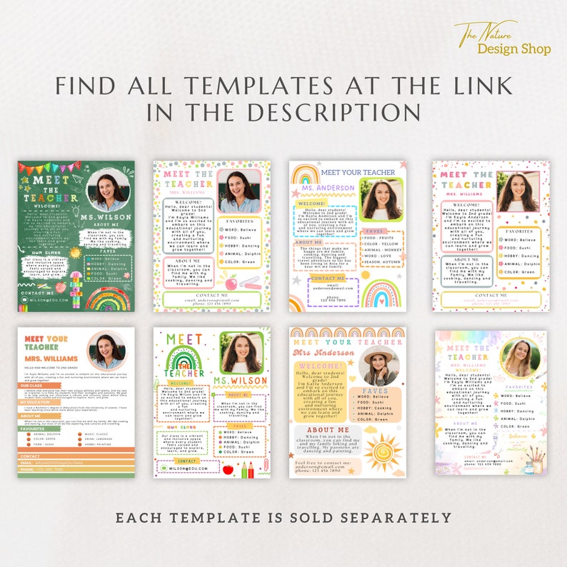 May include: A set of eight colorful teacher meet and greet templates featuring rainbows, a chalkboard, and a sun. Each template includes a space for a photo, teacher name, and information about the teacher. The text on the templates includes "Meet the Teacher", "Meet Your Teacher", and "Welcome".