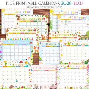 Pode incluir: Uma cole&ccedil;&atilde;o de calend&aacute;rios imprim&iacute;veis e coloridos para crian&ccedil;as, de junho de 2026 a junho de 2027. Cada m&ecirc;s apresenta um design &uacute;nico com ilustra&ccedil;&otilde;es l&uacute;dicas de animais, flores e elementos sazonais. Os calend&aacute;rios usam uma variedade de cores e fontes.