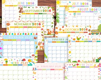 Calendrier modifiable pour enfants 2026-2027 Calendrier imprimable Modèle de planificateur mensuel scolaire pour enfants Calendrier préscolaire 12 mois Calendrier maternelle