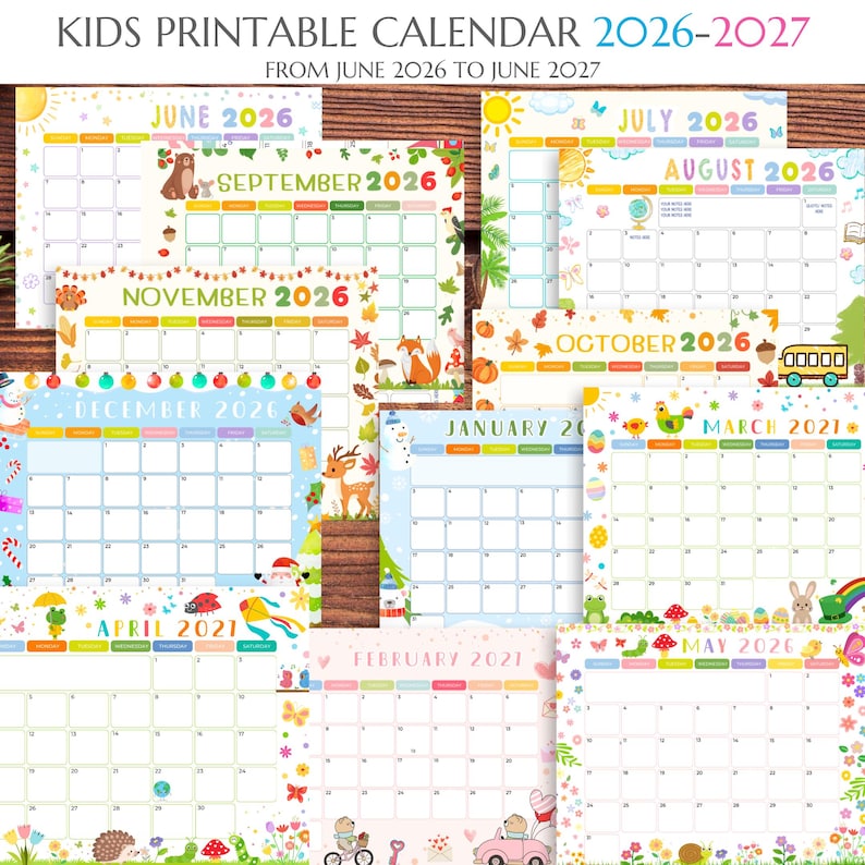 Pode incluir: Uma cole&ccedil;&atilde;o de calend&aacute;rios imprim&iacute;veis e coloridos para crian&ccedil;as, de junho de 2026 a junho de 2027. Cada m&ecirc;s apresenta um design &uacute;nico com ilustra&ccedil;&otilde;es l&uacute;dicas de animais, flores e elementos sazonais. Os calend&aacute;rios usam uma variedade de cores e fontes.