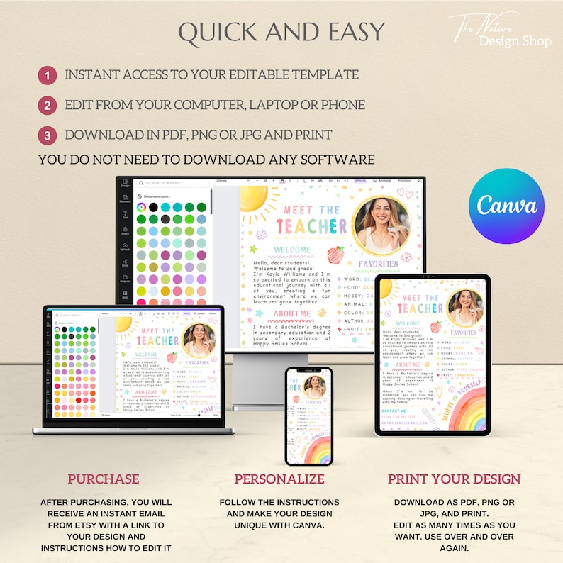 May include: A digital product mockup showing a customizable teacher meet the teacher template. The template features a colorful design with a sun, rainbow, and a strawberry. The text "Meet the Teacher" is displayed in a large font. The template can be edited using Canva.