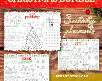 May include: Three printable Christmas activity placemats featuring a Christmas tree, a penguin, and a snowman. Each placemat includes a word search, a maze, and a counting activity. The placemats are available in two sizes: 11 x 8.5 inches and 16 x 11 inches.