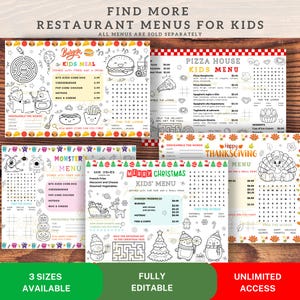 May include: A collection of printable restaurant menus for kids featuring various themes including burger, pizza, monster, Thanksgiving, and Christmas designs. Each menu includes activity games like word searches, mazes, and coloring illustrations.