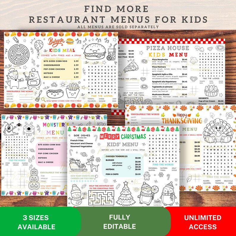 May include: A collection of printable restaurant menus for kids featuring various themes including burger, pizza, monster, Thanksgiving, and Christmas designs. Each menu includes activity games like word searches, mazes, and coloring illustrations.