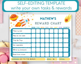 May include: A blue and yellow space-themed reward chart for kids with a rocket and stars. The chart has a space for a name, days of the week, and points. It includes tasks like making the bed, helping set the table, tidying up toys, eating vegetables, writing homework, and reading from a book. The reward is "Go to the beach".