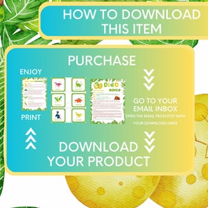 K&ouml;nnte beinhalten: Eine gelbe und blaue Grafik mit Anweisungen zum Herunterladen eines druckbaren Dinosaurier-Bingo-Spiels. Die Grafik enth&auml;lt den Text "Enjoy", "Print", "Purchase", "Download Your Product", "Go to Your Email Inbox" und "Open the email from Etsy with your download links".