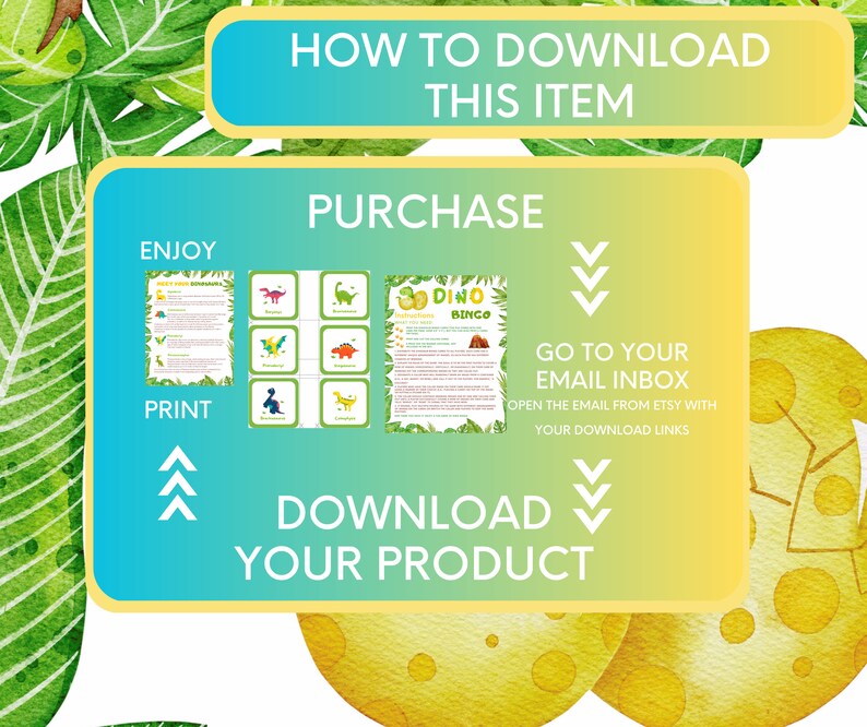 K&ouml;nnte beinhalten: Eine gelbe und blaue Grafik mit Anweisungen zum Herunterladen eines druckbaren Dinosaurier-Bingo-Spiels. Die Grafik enth&auml;lt den Text "Enjoy", "Print", "Purchase", "Download Your Product", "Go to Your Email Inbox" und "Open the email from Etsy with your download links".