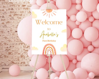 EDITABLE Letrero de Bienvenida Primer Viaje Alrededor del Sol Decoraciones de Cumpleaños 1er Viaje Alrededor del Sol Banner Primer Cumpleaños Letrero de Bienvenida Sol Silenciado 03