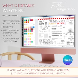 May include: A computer monitor displaying a digital kids menu template with black and white graphics, including a maze, word search, and food items. The screen shows editing tools, color palettes, and text options for customization in a software interface.