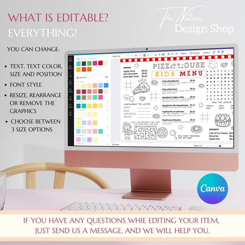 May include: A computer monitor displaying a digital kids menu template with black and white graphics, including a maze, word search, and food items. The screen shows editing tools, color palettes, and text options for customization in a software interface.