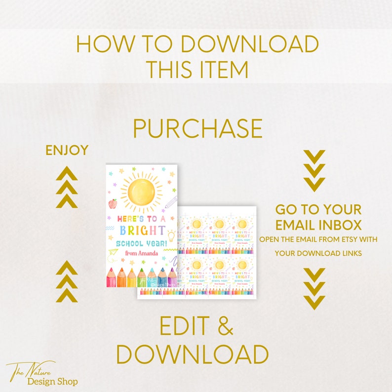 May include: A digital download guide with instructions on how to purchase, edit, and download a printable back to school sign with a sun, pencils, and the text "Here's to a Bright School Year!"
