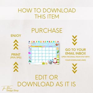May include: A digital download graphic with instructions on how to download a December 2026 calendar. The calendar is decorated with festive holiday images. The text includes "How to Download This Item", "Purchase", "Enjoy", "Print", "Edit or Download as it is".