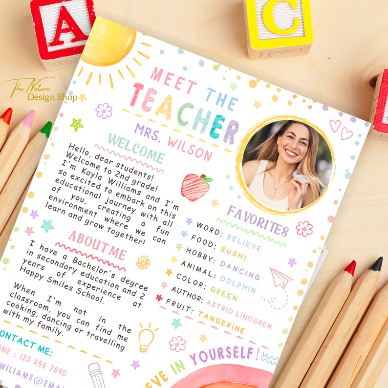 May include: Meet the Teacher card with a colorful design featuring a smiling woman's photo, a red apple, and a paper airplane. The card includes the teacher's name, Mrs. Wilson, and a welcome message. It also lists her favorite things, including the words "Believe", "Sushi", "Dancing", "Dolphin", "Green", "Astrid Lindgren", and "Tangerine".