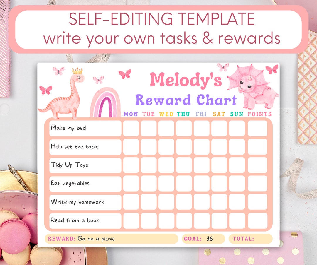 Editable Girls Dinosaur Reward Chart Dino Chore Chart for Girls Pink ...