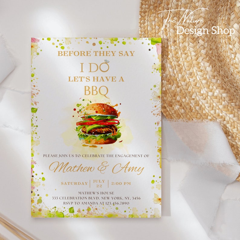 May include: A watercolor-style invitation with a green and white floral border. The invitation says "Before they say I do, let's have a BBQ."  It features a cartoon burger with lettuce, tomato, and cheese. The invitation is for the engagement of Mathew and Amy, and it includes the date, time, and location of the event. RSVP information is also included.