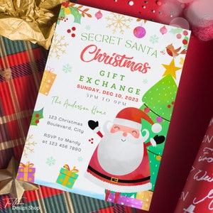 May include: A white invitation with a red and green watercolor illustration of Santa Claus and a Christmas tree. The text reads "Secret Santa Christmas Gift Exchange Sunday, Dec 10, 2023 5PM to 9PM The Anderson Home 123 Christmas Boulevard, City RSVP to Mandy at 123 456 7890"
