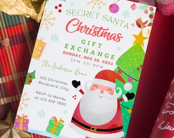 Pode incluir: Um convite branco com uma ilustração de aquarela vermelha e verde do Papai Noel e uma árvore de Natal. O texto diz "Secret Santa Christmas Gift Exchange Sunday, Dec 10, 2023 5PM to 9PM The Anderson Home 123 Christmas Boulevard, City RSVP to Mandy at 123 456 7890"