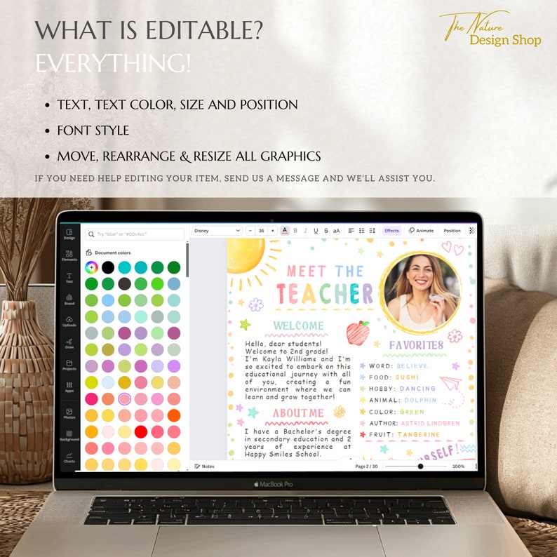 May include: A colorful digital template for a teacher meet and greet. The template features a rainbow background with a sun, a peach, and a paper airplane. The text "Meet the Teacher" is in a rainbow font. The template also includes a space for a photo, a welcome message, and a section for the teacher's favorite things.