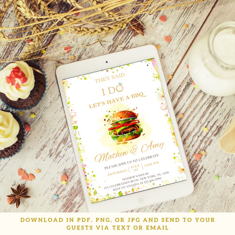 May include: A digital invitation for a wedding reception with a watercolor background and a cartoon burger. The text reads "They said I do, Let's have a BBQ, Mathew & Amy, Please join us to celebrate, Saturday July 22, 2:00 PM, Mathew's House, 333 Celebration Blvd. New York, NY, 1456, RSVP to Amanda at 123.456.7890".