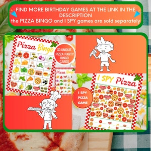 Peut inclure: Deux jeux de f&ecirc;te sur le th&egrave;me de la pizza &agrave; imprimer&nbsp;: Pizza Bingo et Je vois, je vois&nbsp;! Pizza. Le jeu Pizza Bingo comprend 30 cartes uniques. Le jeu Je vois, je vois&nbsp;! Pizza pr&eacute;sente un design de drapeau italien rouge, blanc et vert.