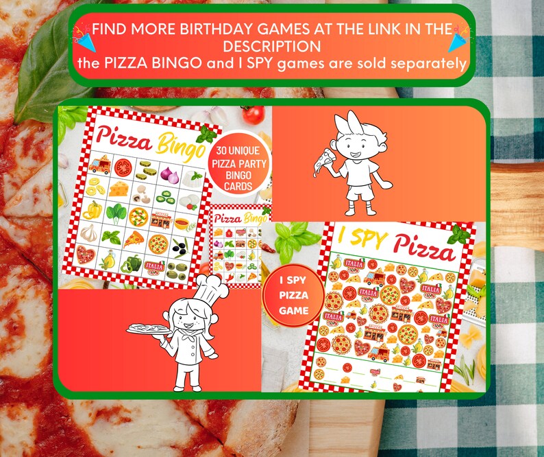 Peut inclure: Deux jeux de f&ecirc;te sur le th&egrave;me de la pizza &agrave; imprimer&nbsp;: Pizza Bingo et Je vois, je vois&nbsp;! Pizza. Le jeu Pizza Bingo comprend 30 cartes uniques. Le jeu Je vois, je vois&nbsp;! Pizza pr&eacute;sente un design de drapeau italien rouge, blanc et vert.
