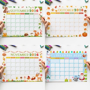 May include: Four seasonal 2026 calendars. September features a bear and fox, October has pumpkins, November shows a turkey and deer, and December includes a snowman and Santa. Each calendar has a grid layout.