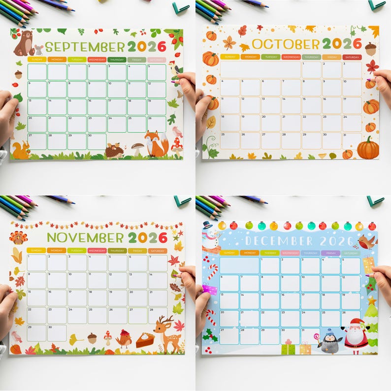 May include: Four seasonal 2026 calendars. September features a bear and fox, October has pumpkins, November shows a turkey and deer, and December includes a snowman and Santa. Each calendar has a grid layout.