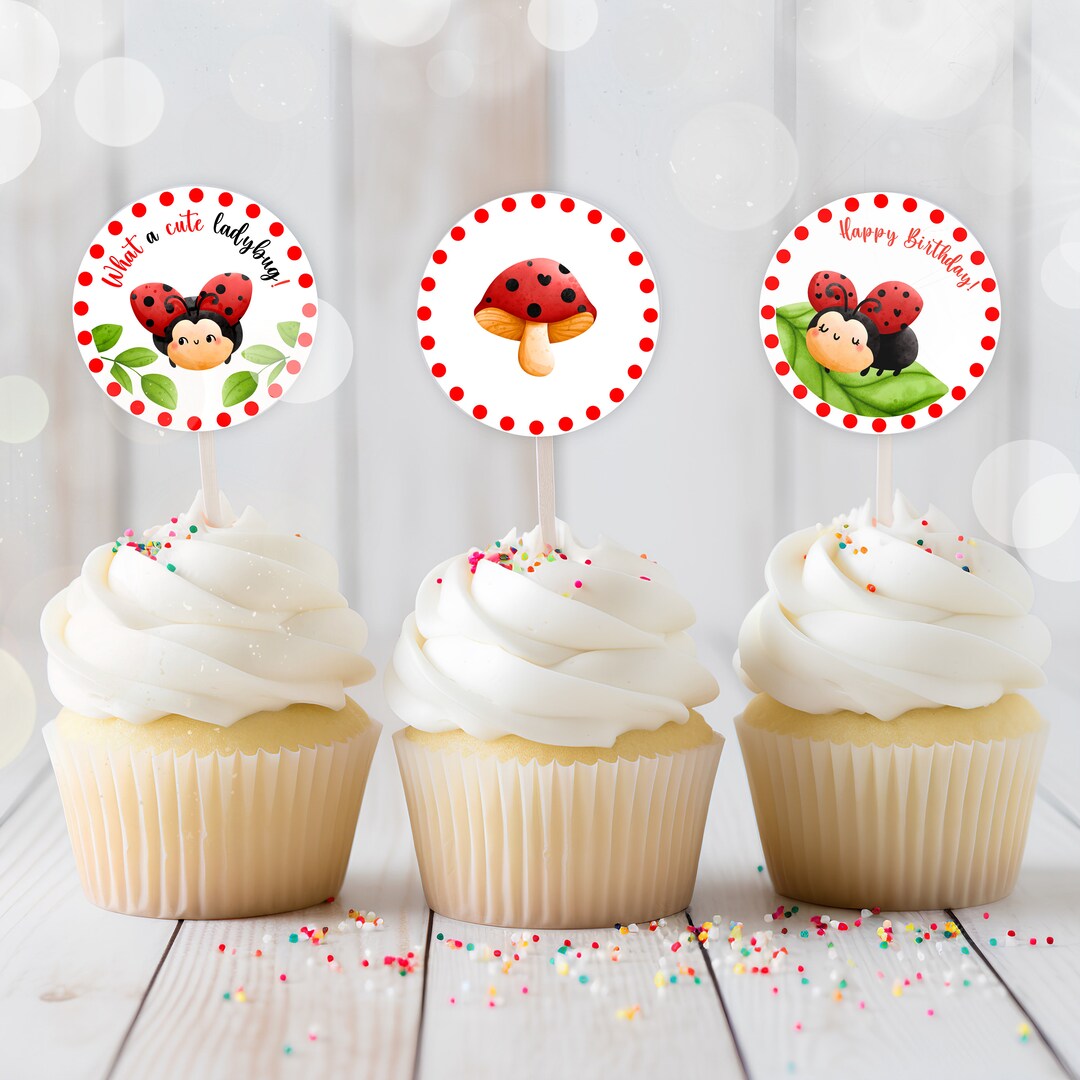Ladybug Cupcake Toppers Ladybug Cake Topper One Ladybug Party Decorations Ladybug Favors Tags ...