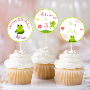 BEWERKBARE kikker Cupcake Topper kikker taart Toppers kikker verjaardagsdecoratie kikker partij gunsten kikker partij decoratie kikker dank u tag 06