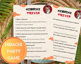 Può includere: Un gioco di trivia Hibachi stampabile con domande e risposte sullo stile di cucina giapponese. Il gioco è progettato per una festa o un raduno e presenta uno schema di colori arancione e rosso brillante.