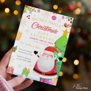 May include: A festive Christmas party invitation with a cartoon Santa Claus, a Christmas tree, and presents. The invitation reads "Secret Santa Christmas Gift Exchange" and includes the date and time of the event. The text also includes the address and contact information for RSVP.