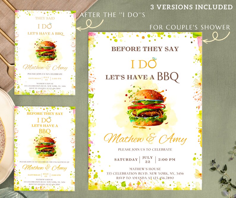 May include: Three printable versions of a wedding shower invitation with a watercolor background and a burger illustration. The text reads "Before they say I do, let's have a BBQ".
