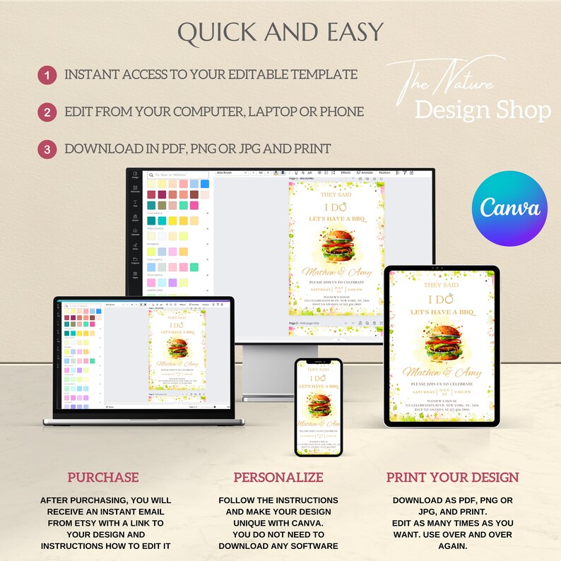 May include: Editable template for a wedding invitation with a burger and the text "They said I do, Let's have a BBQ". The template is shown on a computer screen, a tablet, and a phone. The text "The Nature Design Shop" is also visible.