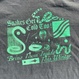 May include: Green graphic print on a dark grey t-shirt featuring snakes and the text "Snakes Get Cold Too! Bring Them Inside This Winter."