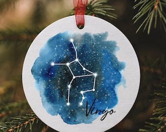 Virgo Watercolor Ornament, Zodiac Symbol Christmas Tree Ornament for 2026, Astrology Art Gift, Galaxy Constellation Round Xmas Ornament