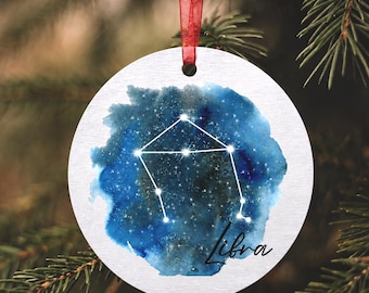 Libra Watercolor Ornament, Zodiac Symbol Christmas Tree Ornament for 2026, Astrology Art Gift, Galaxy Constellation Round Xmas Ornament
