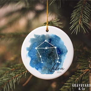 Libra Watercolor Ornament, Zodiac Symbol Christmas Tree Ornament for 2024, Astrology Art Gift, Galaxy Constellation Round Xmas Ornament