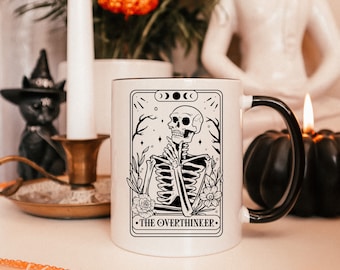 Funny Tarot Card Mug for Halloween, Goth Skeleton Coffee Cup for Witches, Dark Lunar Skull Mug for Fall, Cute Witchy Gift for Spooky Season