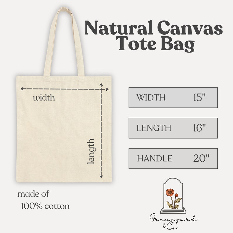 May include: A natural canvas tote bag made of 100% cotton. The bag is 15 inches wide, 16 inches long, and has 20 inch handles.