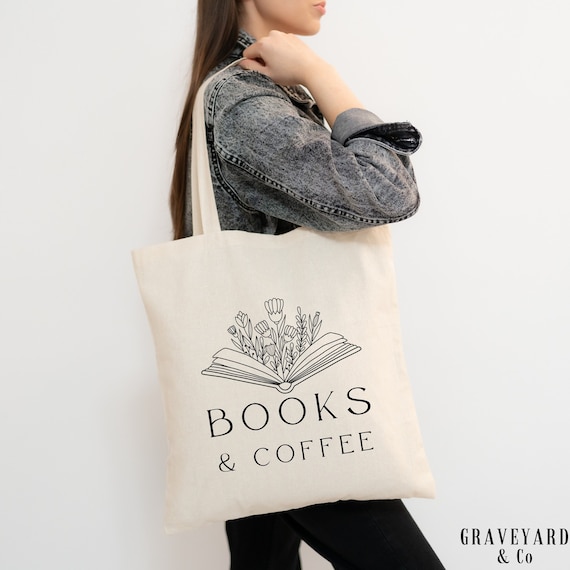 Books and Coffee Tote Bag for Reader, Floral Line Art Canvas