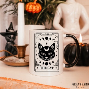 The Cat Tarot Mug for Halloween, Cute Lunar Moon Witch Gift for Women, Spooky Season Mug for Black Cat Lover, Witchy Moon Coffee Cup for Her