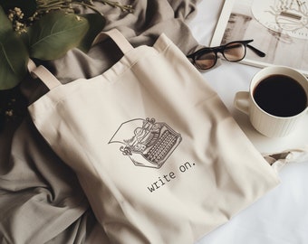 WRITE ON TOTE for writers author swag canvas tote typewriter bag minimalist library tote bag for readers