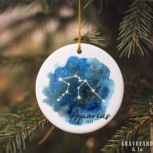 Aquarius Watercolor Ornament, Zodiac Symbol Christmas Tree Ornament for 2024, Astrology Art Gift, Galaxy Constellation Round Xmas Ornament