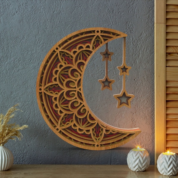 Moon and Stars Mandala Svg,Dxf-Laser cut files 6 Multilayer Art Piece for Glowforge,Pdf for Handcut,DWG,PDF,AI,laser designs,wood art