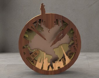 May include: A wooden, circular wall art piece featuring a layered design of cityscapes. The piece is made of light brown wood, with cut-out silhouettes of buildings and landmarks. The design includes the Statue of Liberty and the Eiffel Tower.