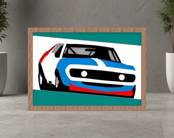 May include: A framed print of a stylized race car illustration. The car is rendered in white, blue, and red, with black detailing. The artwork is set against a teal background and framed in wood.